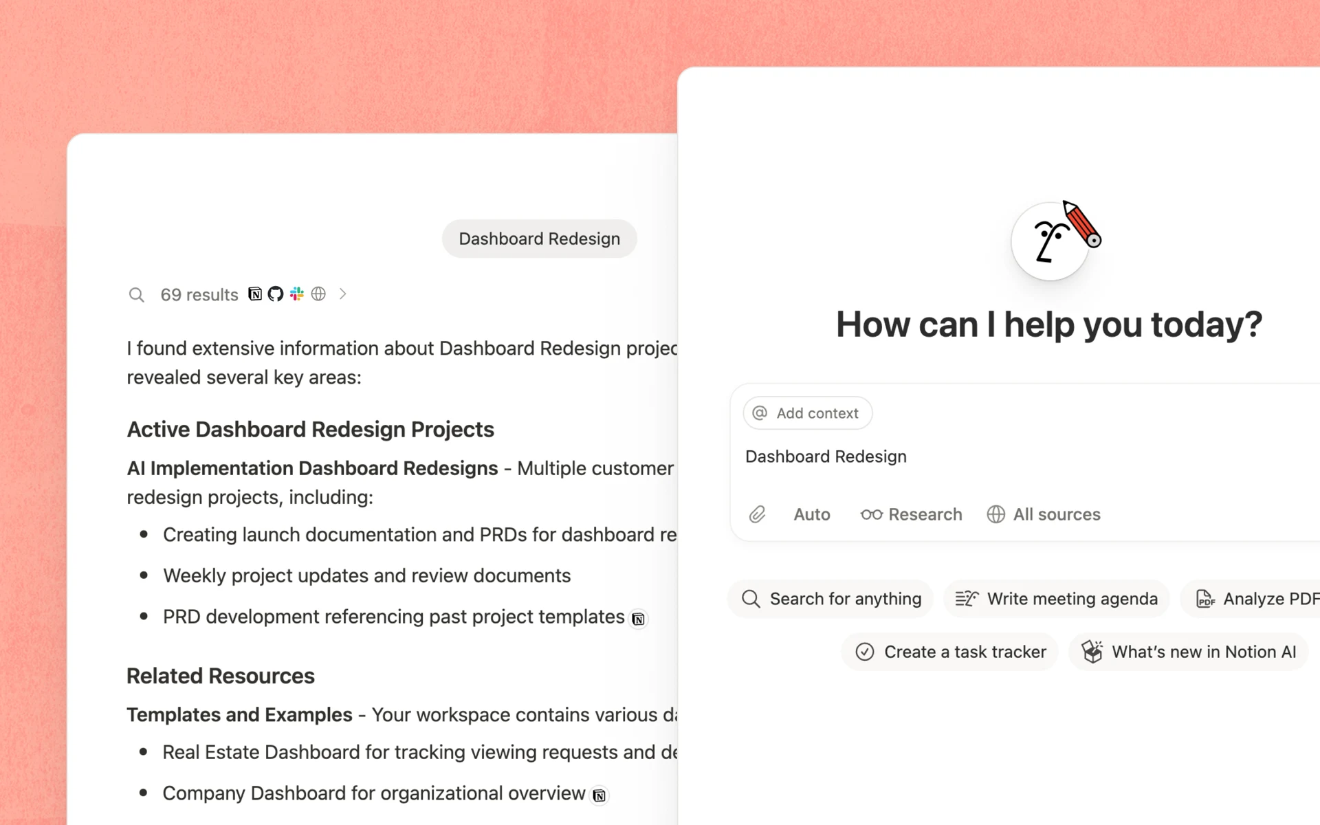 Notion Enterprise Search가 연결된 자료에서 연구 질문의 답을 찾는 화면. 공식 제품 예시입니다.