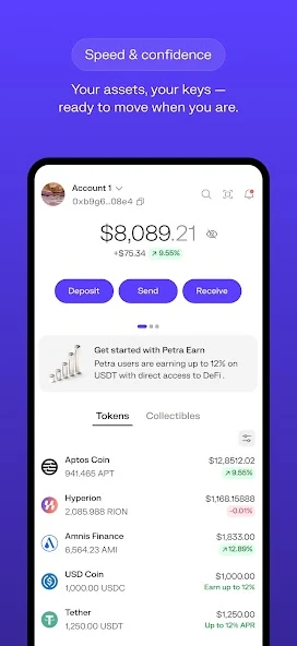 Aptos Labs의 Petra Wallet 잔액, 자산 목록, 보내기·받기 화면. 개발사 제품 예시이며 표시 잔액은 고객 성과가 아닙니다.